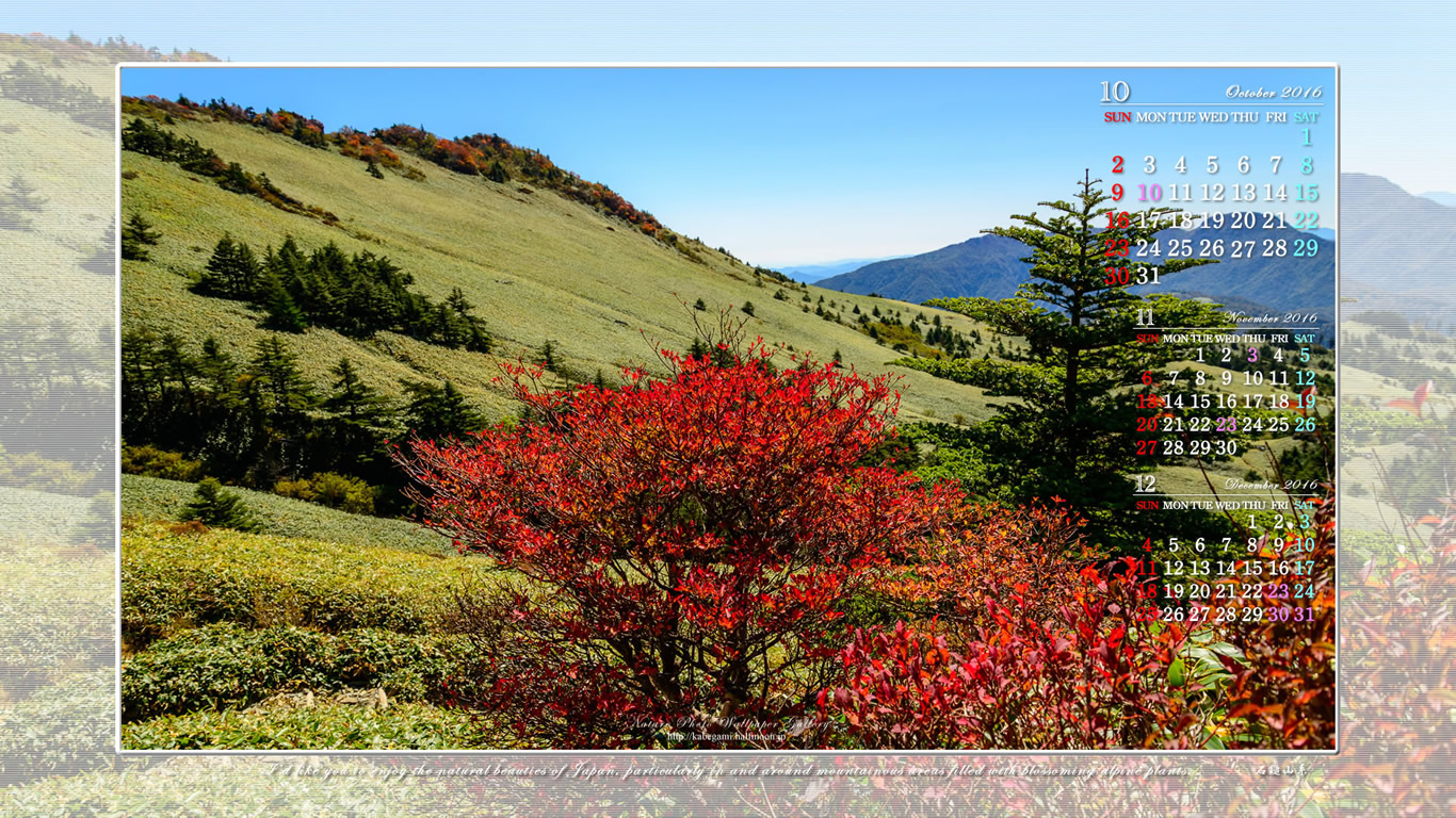10月のワイド無料カレンダー壁紙 1366x768 氷見二千石原の秋景 石鎚自然写真館