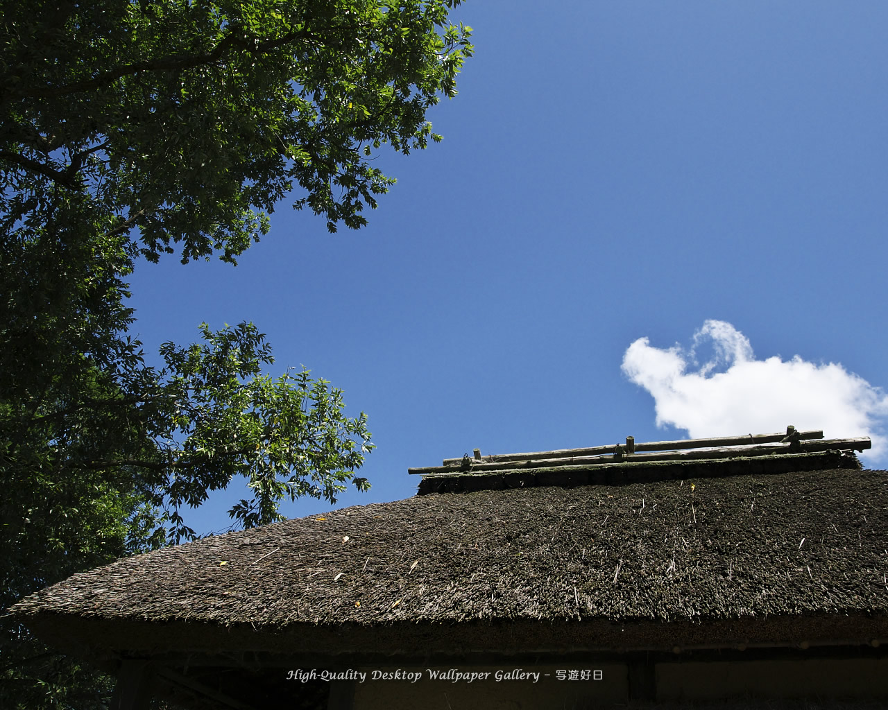 「夏空の茅葺屋根」の壁紙/Wallpaper of Thatched Roof of the Water Wheel in Shinshu (1280×1024)